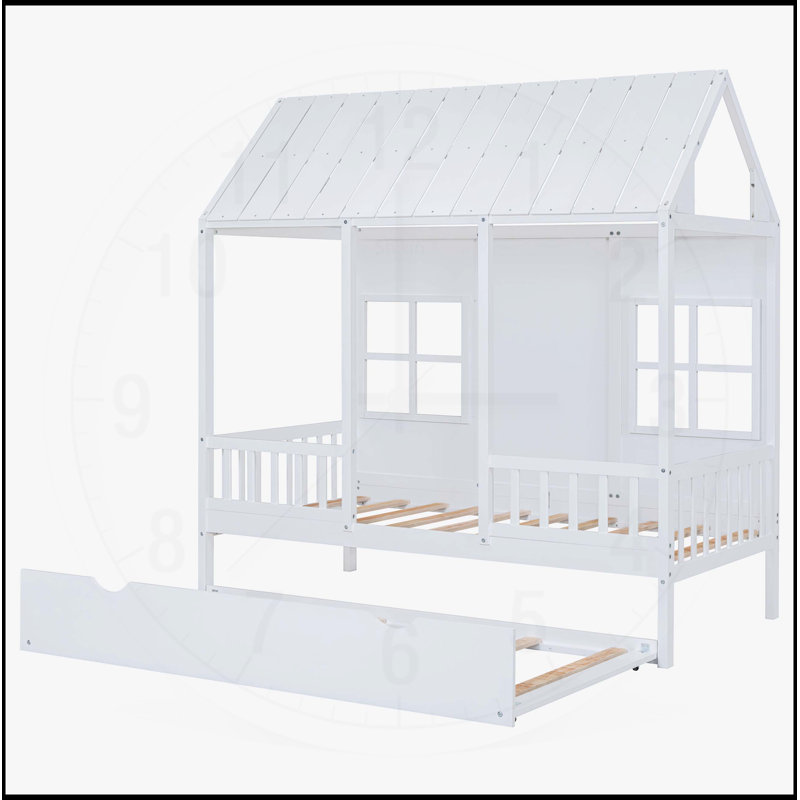 Wooden House Bed with  Trundle, Playhouse Design for Kids, Durable and Space-Saving, Twin