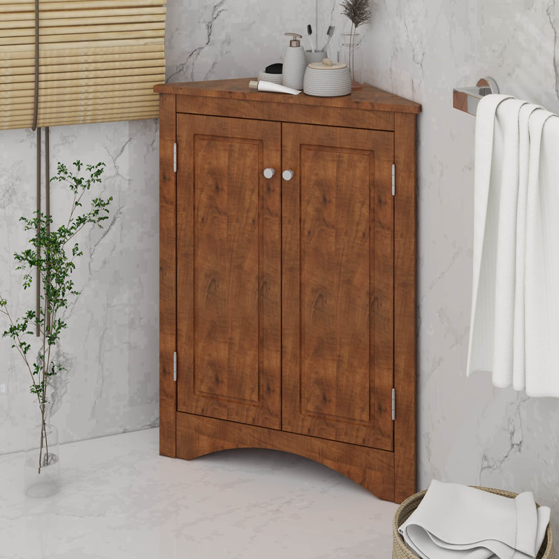 Triangle Bathroom Storage Cabinet With Adjustable Shelves, Freestanding Floor Cabinet, Brown