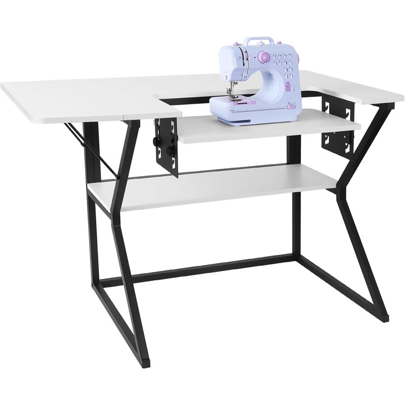 Table de couture, grande table de machine à coudre avec plateforme réglable et tablette de rangement - blanc