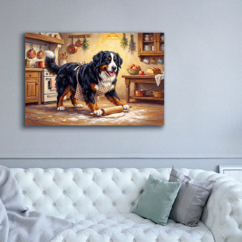  «Bernes Mountain Dog In The Kitchen» par Rich Monet, art mural sur toile, 60 po x 40 po