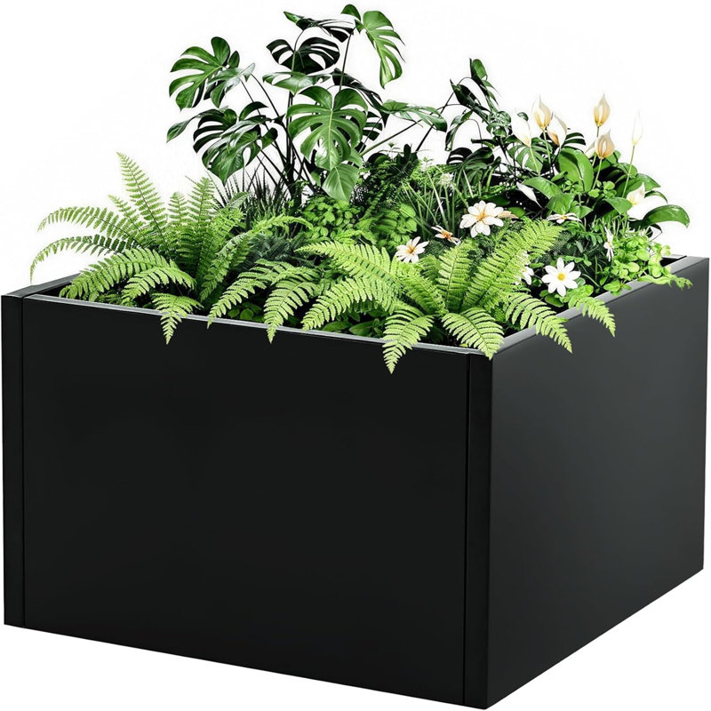 18x18x12 in Snap-Together Metal Raised Garden Bed  Modern Black Square Planter With Base, 18"x18"x12"