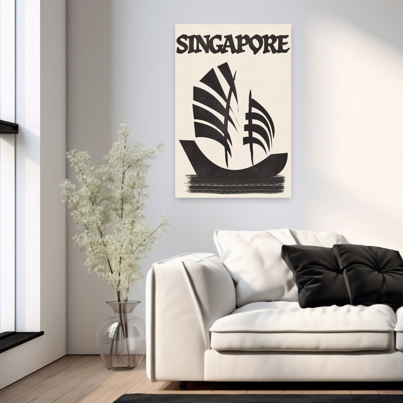 Singapore Junk Sail Minimalist Retro Traditional City Ocean Wall Art Print 1 Piece Wrapped Canvas Wall Art