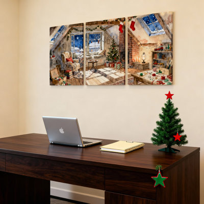 Cosy Christmas Attic Scene, toile tendue sur toile, ensemble de 3 reproductions de peintures à l'huile pour salon