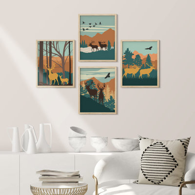 «Mountain Deer Forest», reproduction encadrée sur papier 4 pièces