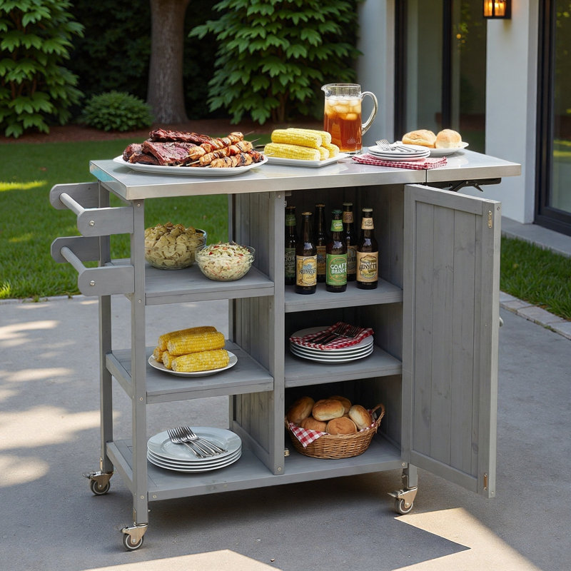 Îlot de cuisine extérieur pliable avec roulettes verrouillables, armoire de rangement et porte-serviettes, Gris