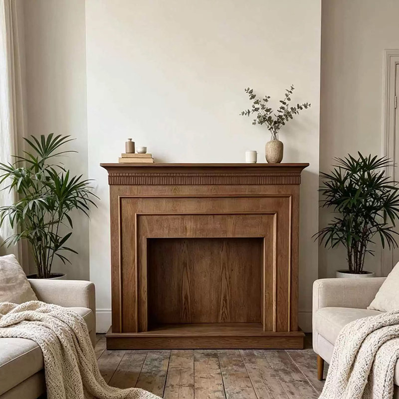 Nut-Brown Solid Wood Freestanding Fireplace