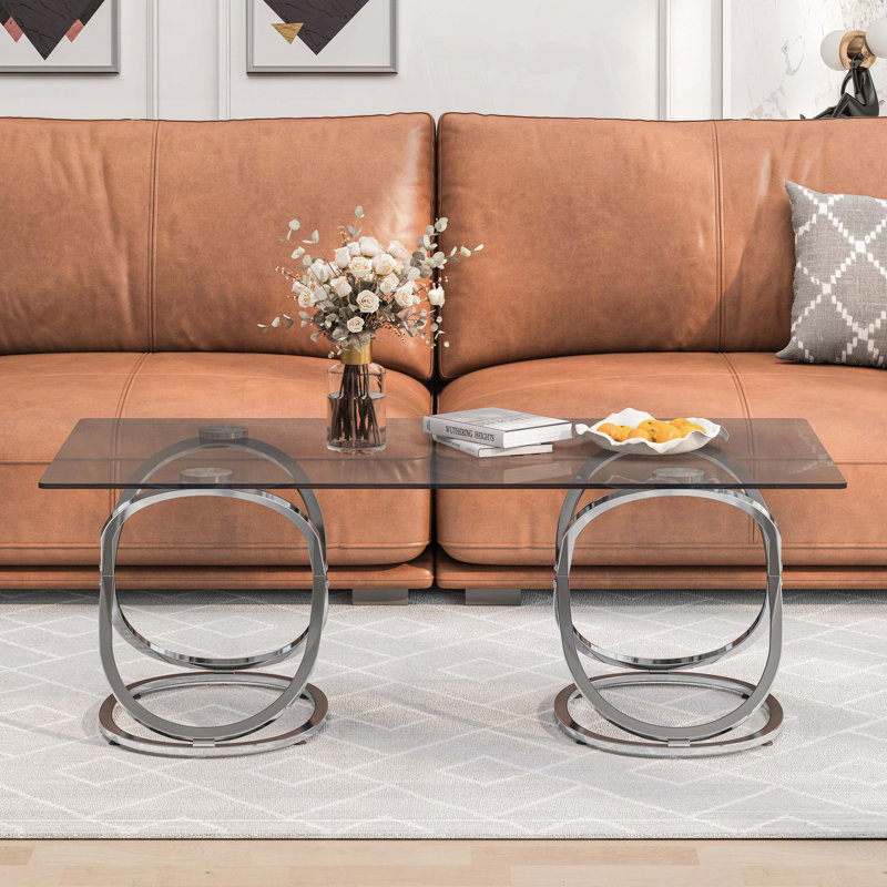31.50" Modern Rectangle Glass Coffee Table with Ring-Shaped Frames, Silver