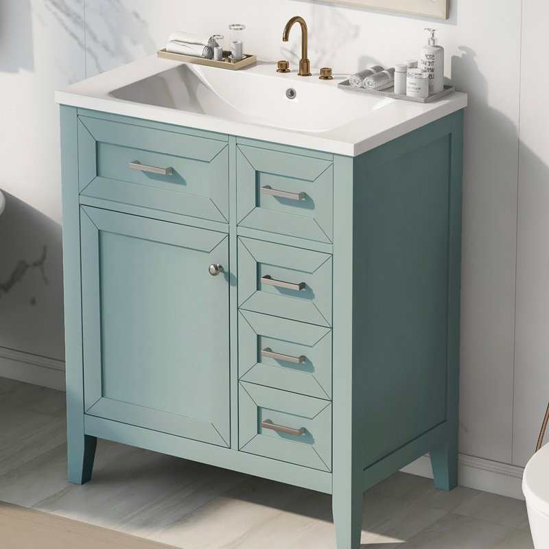 Meuble-lavabo de salle de bain 30 po, meuble-lavabo avec système de cloison de poche. Conception moderne. Fabriqué en bois massif et en céramique. Lavabo en céramique. Assemblage requis. Finition teintée à l'eau.