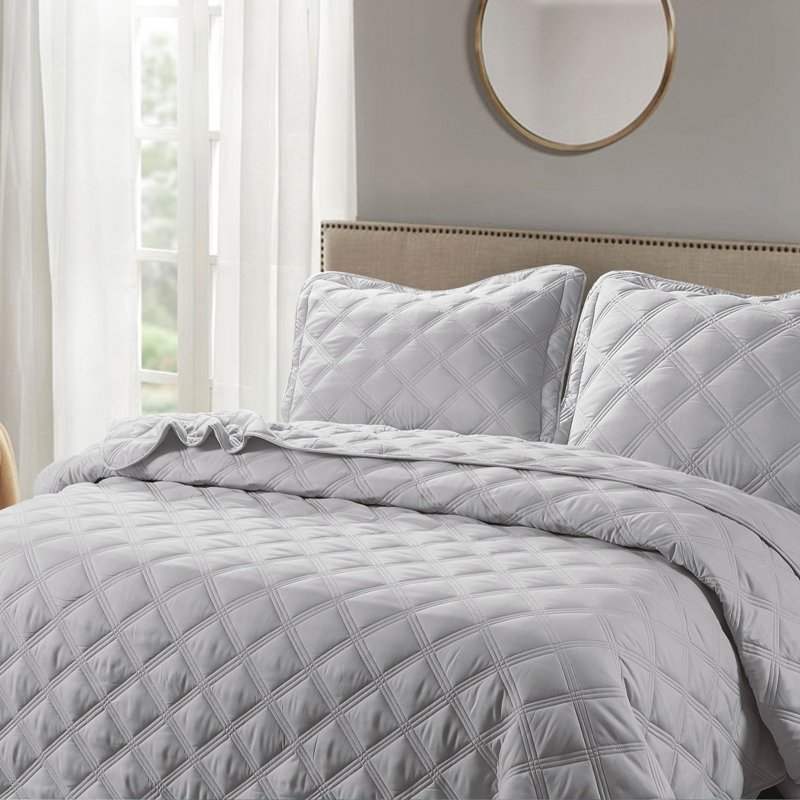 3 Piece Charleston Down Alternative Quilts Set, Ash Gray, Queen Coverlet + 2 Twin Shams
