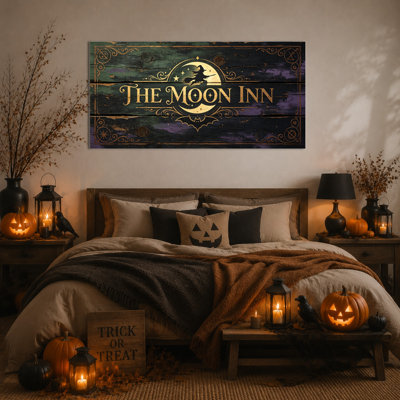 Grande art mural d'Halloween sorcière, œuvre d'art rétro d'Halloween, peinture de lune gothique auberge pour décoration de bar Spooky Home, décoration murale de salon Dark Fantasy, toile tendue avec cadre en pin, 28 po x 58 po