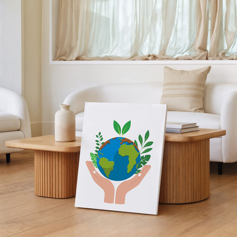 Toile, une paire de mains bercant doucement un petit globe mural stylisé symbolisant le soin de la terre, H 20 po x l 16 po