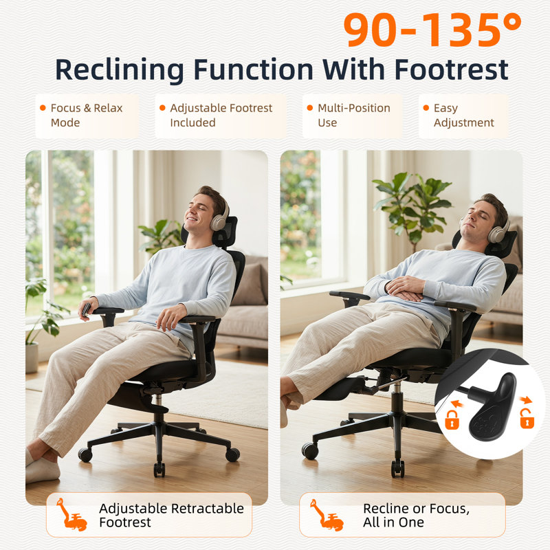 Ergonomic Executive Office Chair with Footrest, High Back Mesh Desk Chair with Dynamic Lumbar Support & Adjustable Headrest, Reclining Computer Chair for Home Office，350LBS