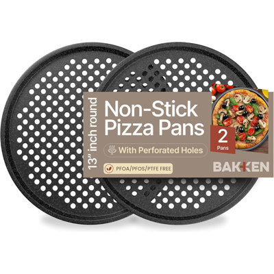 Bakken 2-pack Pizza Pans – Round Perforated Carbon Steel With Nonstick Marble Coating, Gray Silicone Handle, Durable & Easy Clean