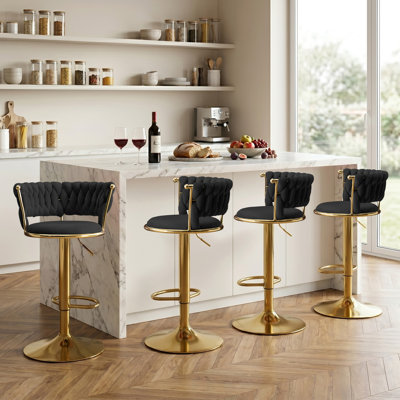 Ensemble de 4 tabourets de bar rotatifs en velours, hauteur réglable avec base en métal doré pour îlot de cuisine, noir
