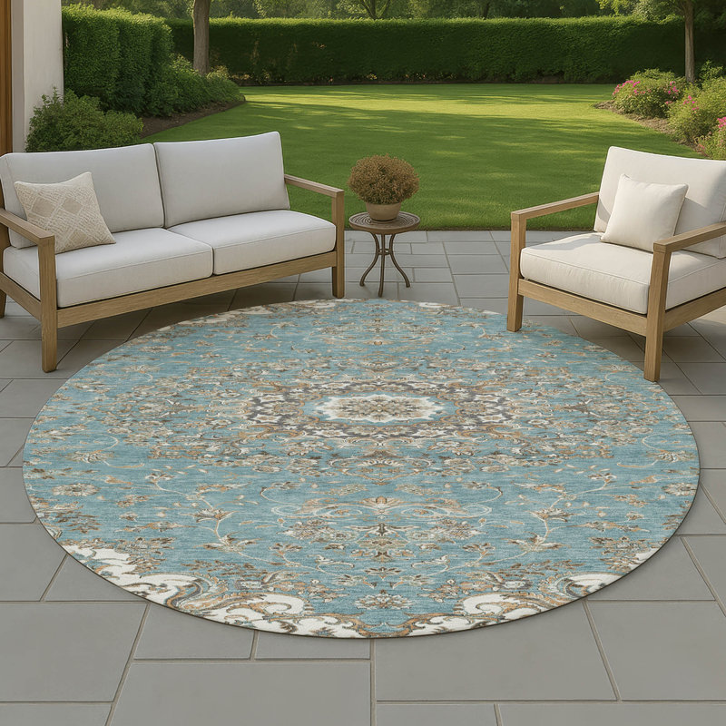 Machine Washable Indoor/Outdoor Chantille ACN2495 Global Rug, Teal, 8' Round