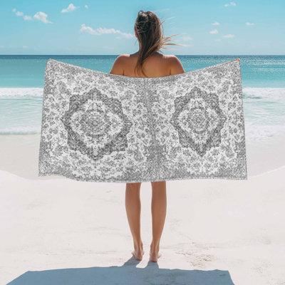 Beach Towel Grey Medieval Flowers Bath Pool Towels Retro Bohemian Pattern Absorbent Beach Towel Soft Large Quick Dry Lightweight Camping Travel Sports Yoga Gym Swim Towels for Adult 50x60 Inch