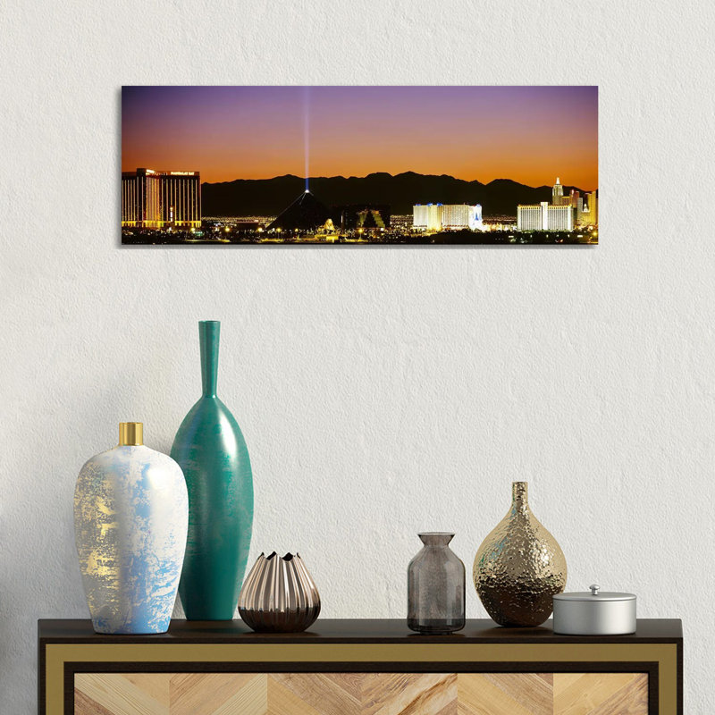 Buildings In A City Lit Up At Night, Las Vegas, Nevada, USA - Wrapped Canvas Panoramic Print