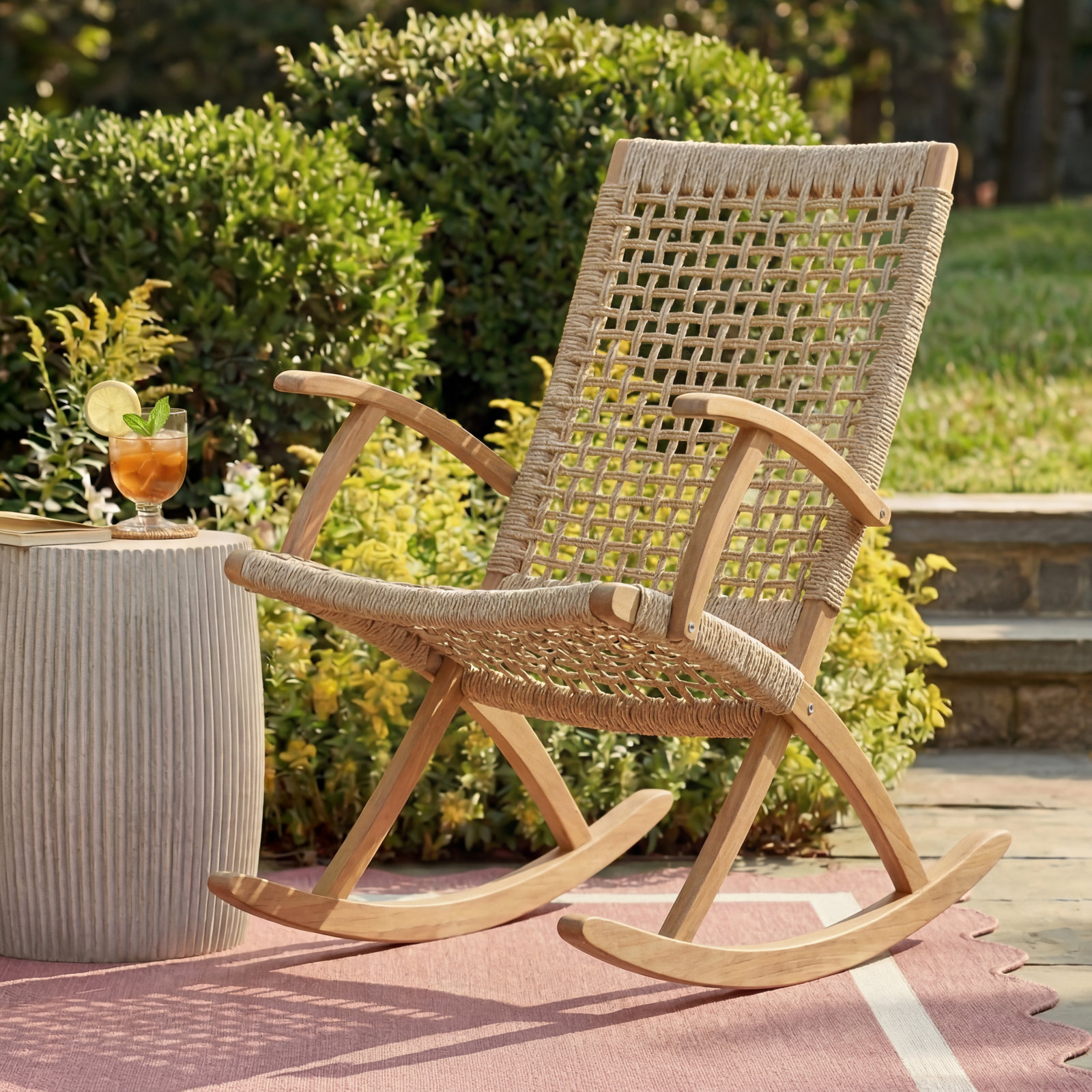 Outdoor Brayson Rocking Solid Wood Chair, Light Brown/Wheat Rope