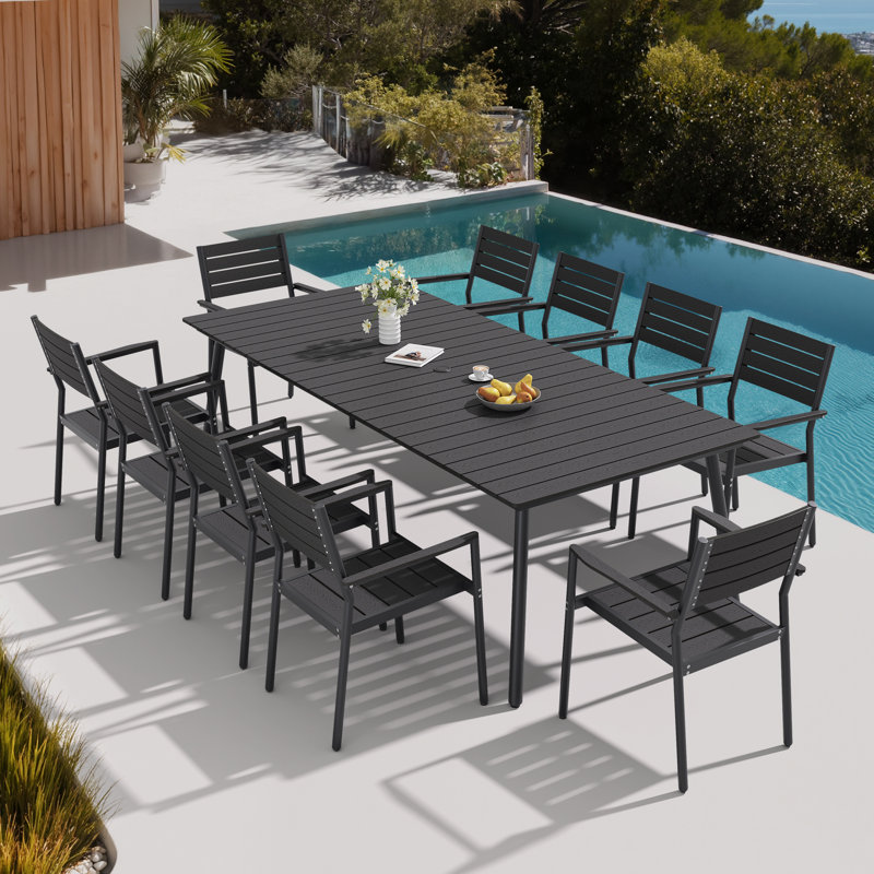 Ensemble repas rectangulaire pour 10 personnes avec trou pour parasol Cyanni, Noir, noir, noir, noir