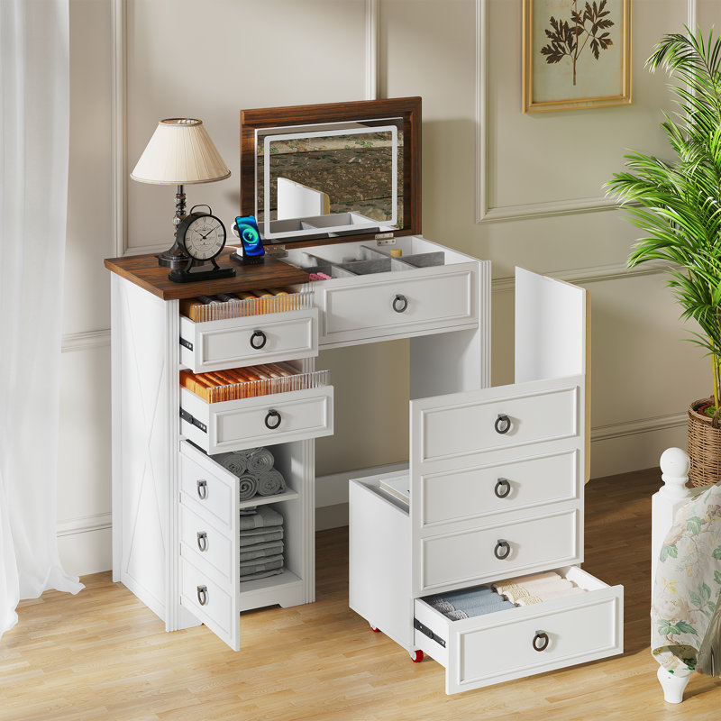 Makeup Vanity Table With Flip Top Light, Antique White