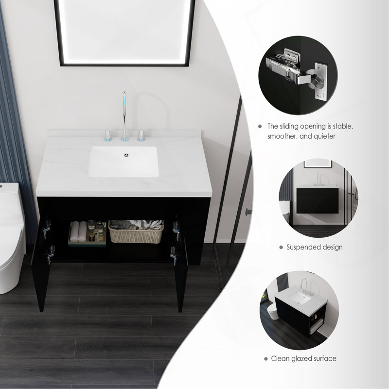 Meuble-lavabo flottant 36 po avec lavabo 36 po, porte à fermeture douce, comptoir et dosseret en marbre de culture blanc Carrara 2 po