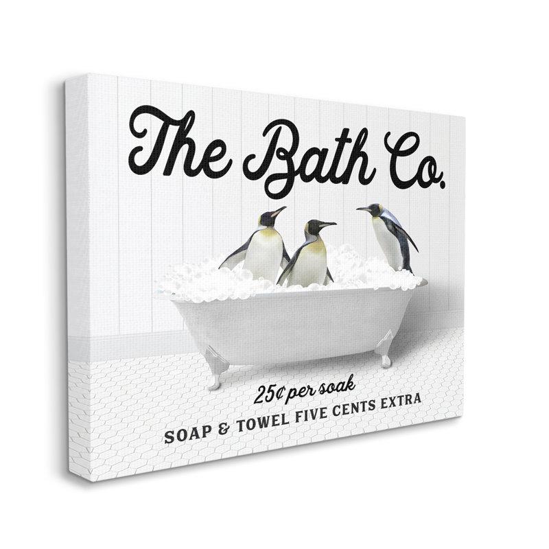 " Bubble Bathtub Penguins ", 16" H x 20" W x 1.5" D, Coastal White Framed Giclee
