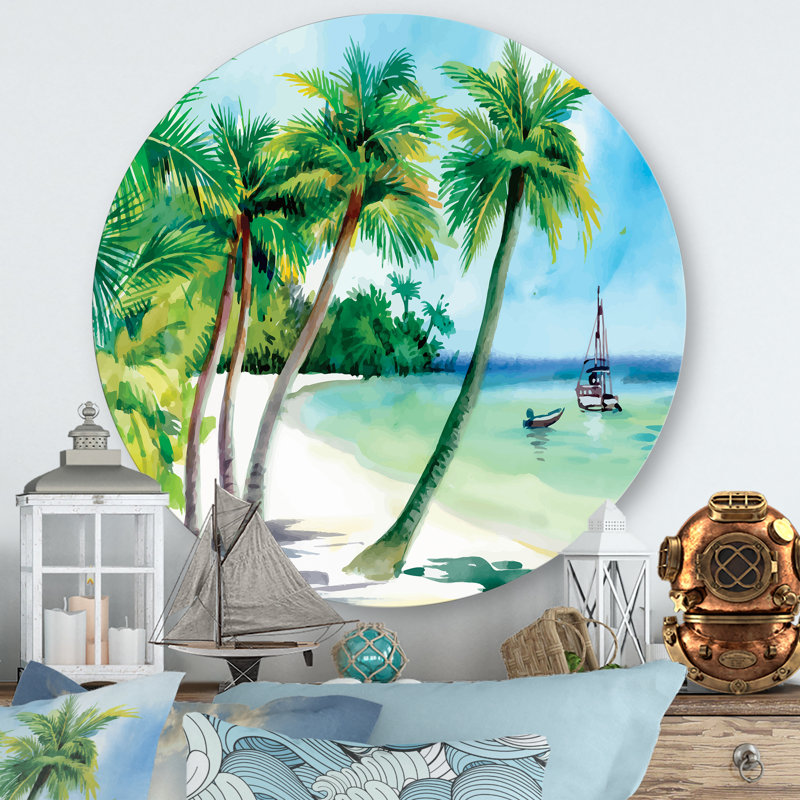 Plage d'été avec palmiers - art mural nautique et côtier en métal, H 23 po x l 23 po x P 1 po
