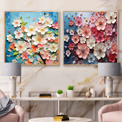 Collage de fleurs de pommier rose IV - ensemble de 2 collages floraux carrés