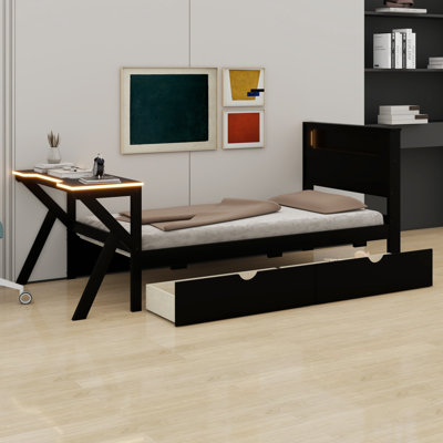 Lit plateforme en bois avec tête de lit à DEL, bureau à DEL, USB et deux tiroirs de rangement