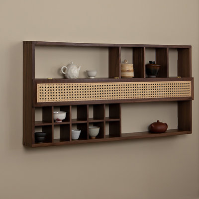 37.40" Mid-Century Retro Brown Rattan & Walnut Solid Wood Wall-Mounted Curio Shelf, Wall Decor Storage Display Rack