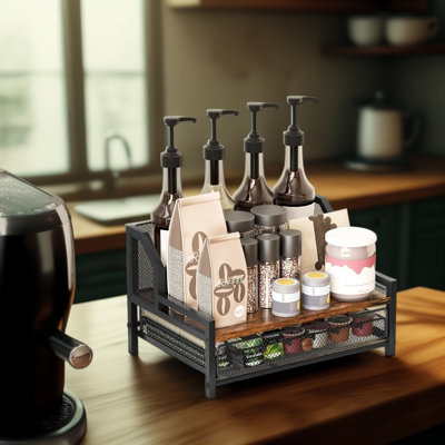 2-Tier Coffee Bar Organizer With Sliding Drawer, Holds 8 Syrup Bottles And 35 Coffee Pods, Compact Countertop Storage Stand For Kitchen Or Cafe