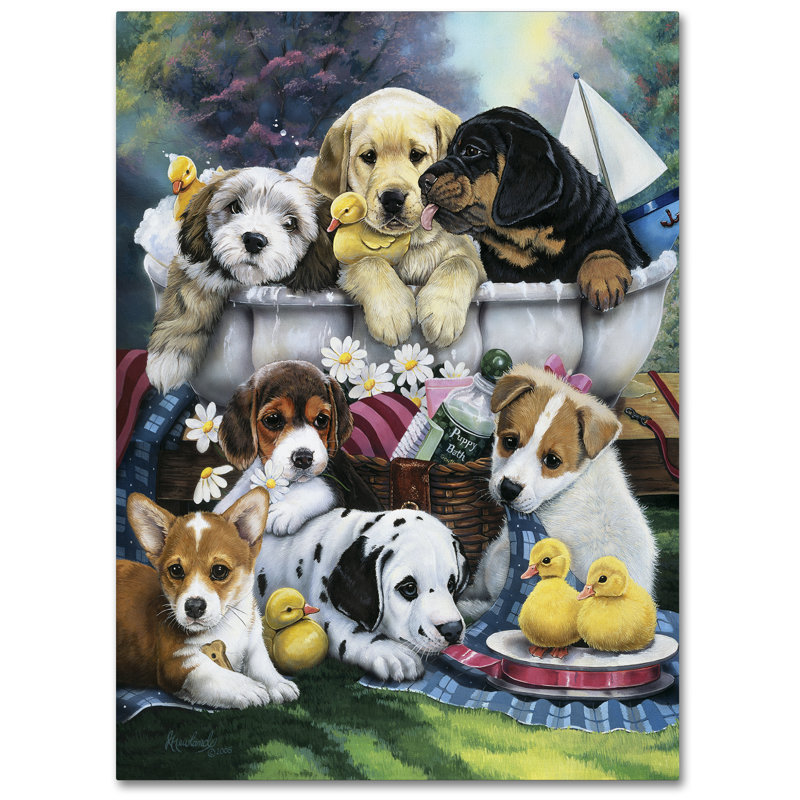 « bain time pup », reproduction d’impression sur toile tendue, H 19 po x l 14 po x P 2 po