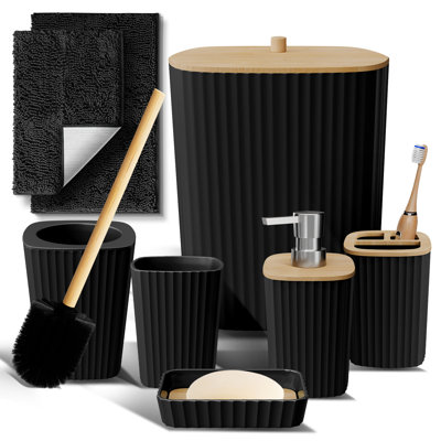 Complete 8 Piece Bathroom Accessory Set with Bamboo Accents, Trash Can, Toilet Brush & 2 Bath Rugs Included