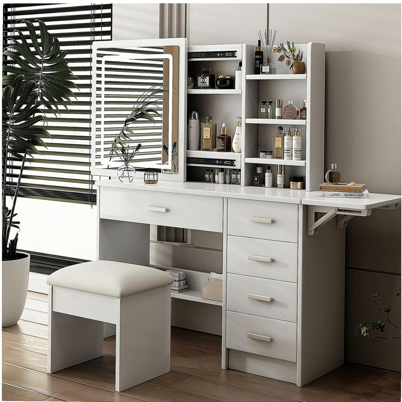 Bureau de coiffeuse avec miroir et lumières pour maquillage avec tablettes ouvertes et chaise