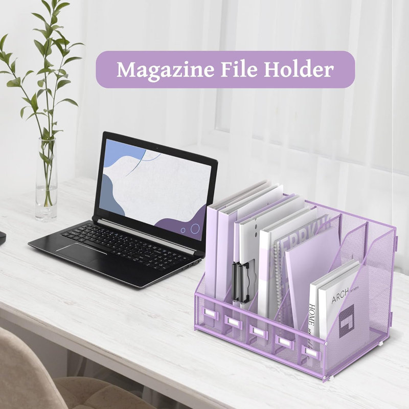 Metal Desk File Organizers With 5 Vertical Compartments For Office, Home, Purple