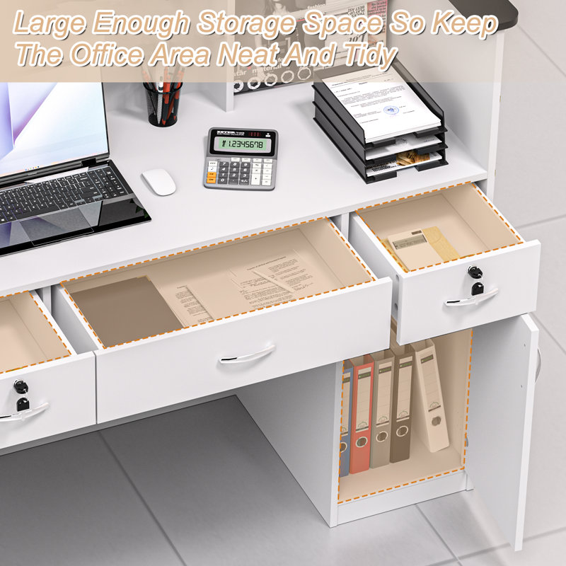 Wrought Studio Reception Desk with Counter, Modern Front Table Equipped Lockers & Storage Shelves, 48-inch Checkout Counter with DIY Stripe for Lobbies, Salons, Retail, Home Offices, Reception Room