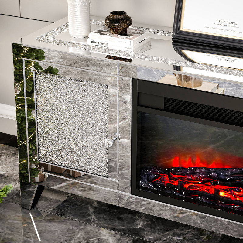 Bideford Tall Mirrored Silver Fireplace Tv Stand For 65 Inch Tvs, Fashion Tv Stands Entertainment Center With Cabinet