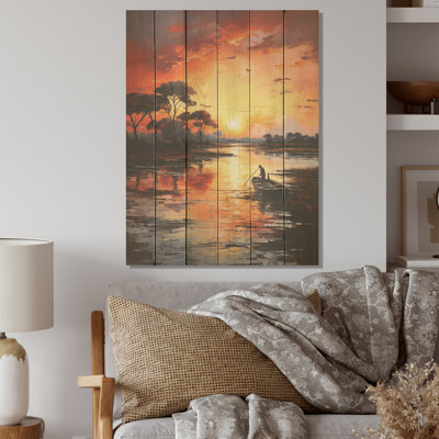 «Lakeside Sunrise Tranquility - Lake River», art mural sur bois de pin naturel