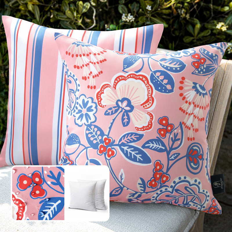 Outdoor Floral Colleciton Outdoor Reversible Throw Pillow, Light Pink, Square 18"