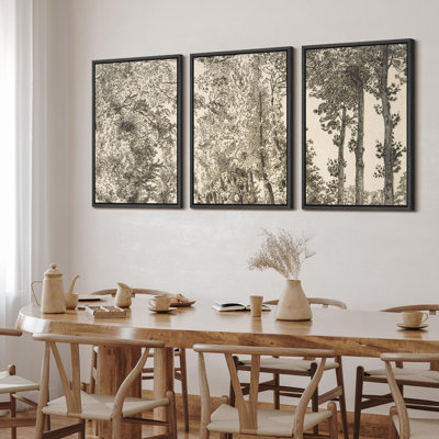 Forest Landscape " Country Homestead Rustic Cabin And Trees Vintage Style Illustration Modern Decor Chic " 3 - Pieces