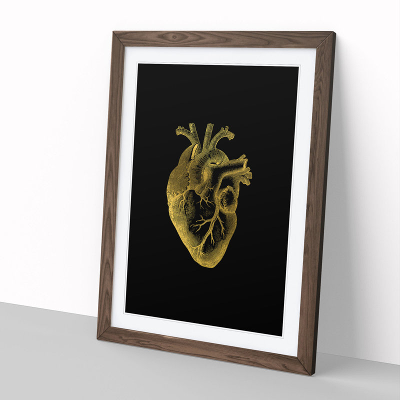 Black Gold Anatomical Heart - Picture Frame Graphic Art, 65cm H x 48cm W x 2cm D, Walnut