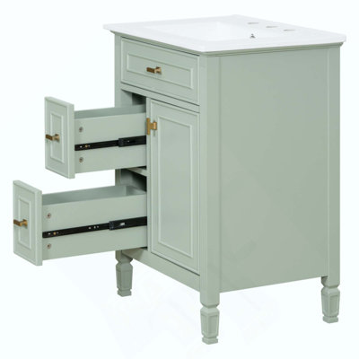Meuble-lavabo de salle de bain avec lavabo, armoire en bois massif et panneau de fibres à densité moyenne avec un tiroir rabattable, deux tiroirs standard et une tablette réglable, meuble-lavabo autoportant pour le rangement de la salle de bain