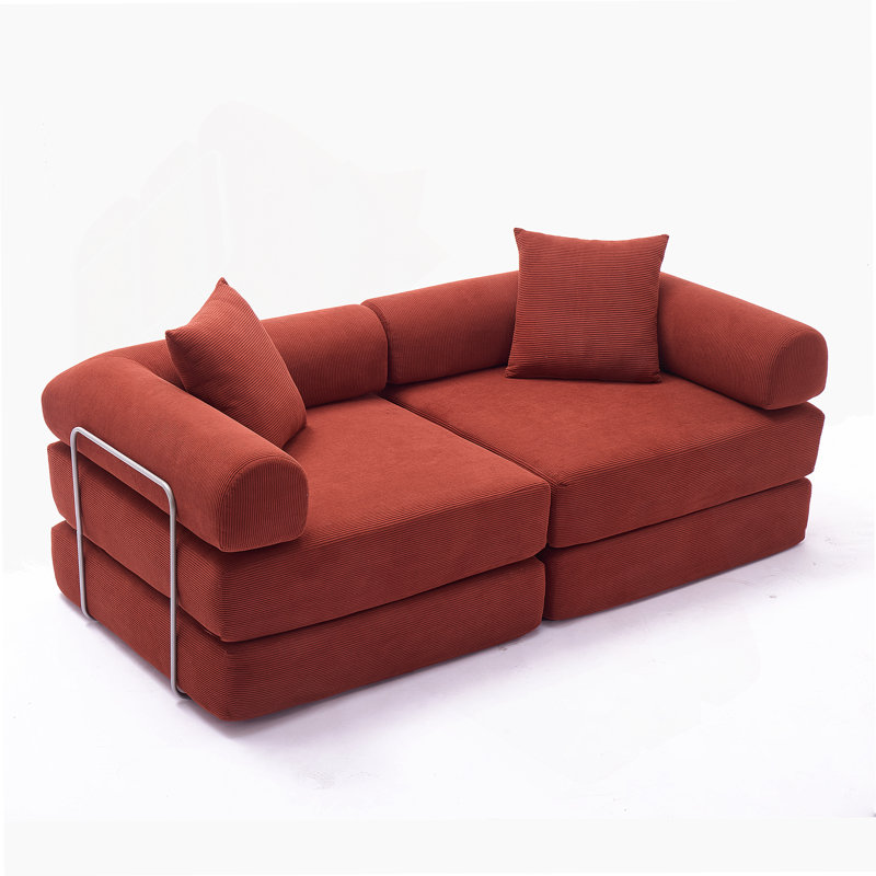 Modular Convertible Sofa Bed For Small Spaces, No Assembly Required, Removable Armrests, Corduroy Upholstery, Pink, Red