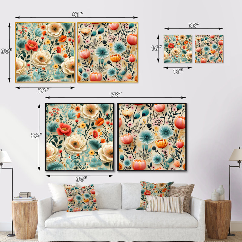 Narron - Ensemble de 2 collages carrés floraux, Cadre flottant noir, H 16 po x l 33 po