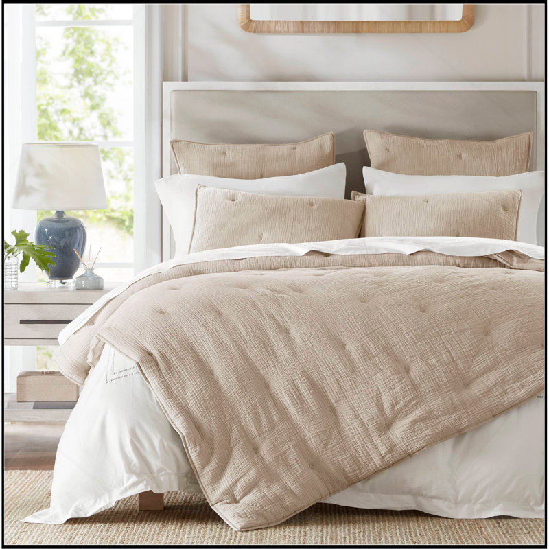 Ensemble de courtepointe brodée en coton 3 pièces pour très grand lit, taupe, Courtepointe très grand et 2 très grandes taies
