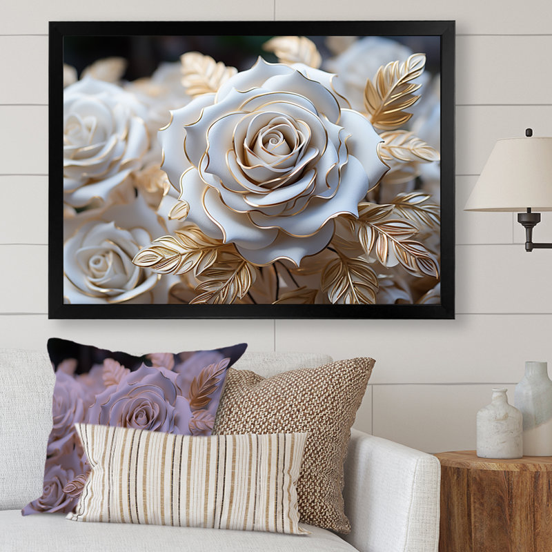 «White and Gold Rose Passion - Roses», reproduction sur toile encadrée, H 16 po x l 32 po x P 1 po, Cadre simple noir