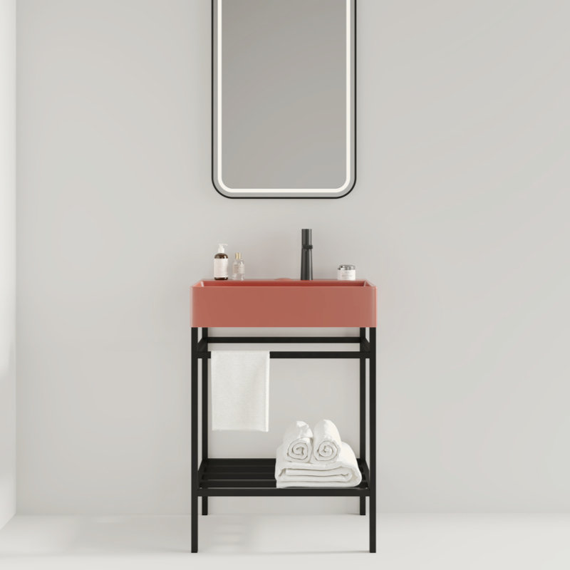 24" Bathroom Vanity With Ceramic Basin, Freestanding Bathroom Console Sink Set, Glossy Red Rectangular Ceramic Basin Without Faucet, Open Metal Leg, Storage Shelves