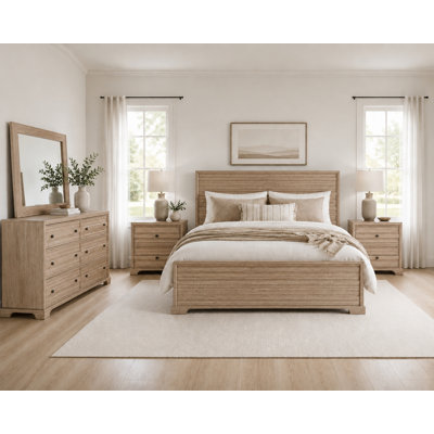 Ensemble de chambre à coucher Carmenita avec lit très grand assorti, deux tables de chevet, un miroir et une commode - brun clair rustique