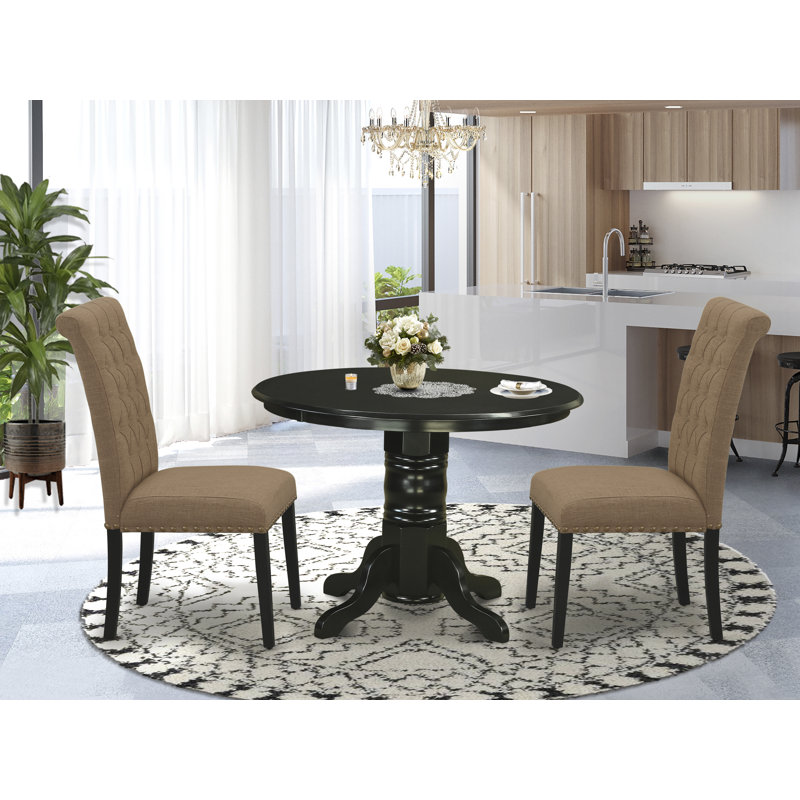 3 Piece Dining Table Set Contains a Round Dining Room Table with Pedestal and 2 Light Sable Linen Fabric Upholstered Chairs, Black