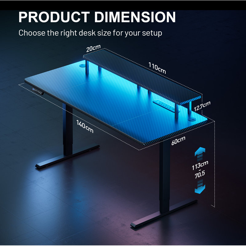 LED Electric Standing Sitting Desk, Gaming Desk with Built-In Socket & USB Port, Computer Table with Monitor Stand, 3 Memory Functions, Gaming Table Black